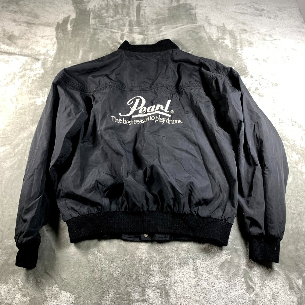 Vintage Pearl Drums Jacket Mens Large Black Bomber Full Zip 80s 90s Embroidered